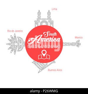 Berühmten südamerikanischen Städten - Sehenswürdigkeiten - Sehenswürdigkeiten - Sehenswürdigkeiten - Sehenswürdigkeiten - Löwen. Symbol Leitung festgelegt. Reise und Tourismus Hintergrund. Stockfoto