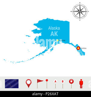 Alaska Karte isoliert auf weißem Hintergrund. High Ausführliche Silhouette von Alaska State. Flagge von Alaska. 3D-Karte, Marker oder Zeiger, Navigationselemente. Ro Stockfoto