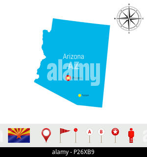 Arizona Karte isoliert auf weißem Hintergrund. High Ausführliche Silhouette der Arizona State. Flagge von Arizona. 3D-Karte, Marker oder Zeiger, Navigationselemente. Stockfoto