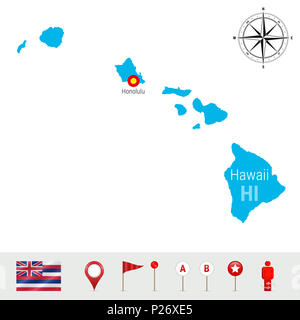 Hawaii Karte isoliert auf weißem Hintergrund. High Ausführliche Silhouette von Hawaii State. Flagge von Hawaii. 3D-Karte, Marker oder Zeiger, Navigationselemente. Ro Stockfoto