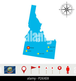 Idaho Karte isoliert auf weißem Hintergrund. High Ausführliche Silhouette von Idaho Zustand. Flagge von Idaho. 3D-Karte, Marker oder Zeiger, Navigationselemente. Rose Stockfoto