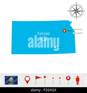 Kansas Karte isoliert auf weißem Hintergrund. High Ausführliche Silhouette von Kansas Zustand. Flagge von Kansas. 3D-Karte, Marker oder Zeiger, Navigationselemente. Ro Stockfoto