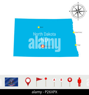 North Dakota Karte isoliert auf Weiss. High Ausführliche Silhouette von North Dakota State. Flagge von North Dakota. 3D-Karte, Marker oder Zeiger, Navigation Eleme Stockfoto