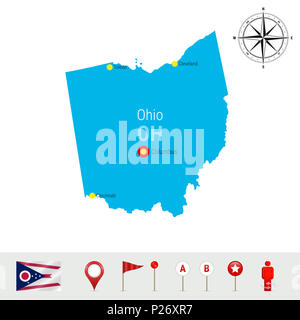 Ohio Karte isoliert auf weißem Hintergrund. High Ausführliche Silhouette von Ohio State. Flagge von Ohio. 3D-Karte, Marker oder Zeiger, Navigationselemente. Rose von Stockfoto