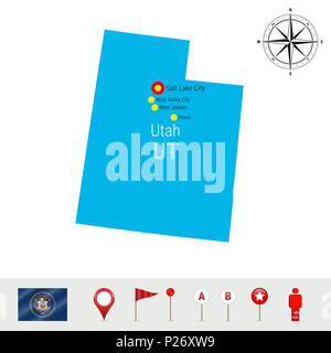 Utah Karte isoliert auf weißem Hintergrund. High Ausführliche Silhouette der Utah State. Flagge von Utah. 3D-Karte, Marker oder Zeiger, Navigationselemente. Rose von Stockfoto