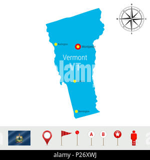 Vermont Karte isoliert auf weißem Hintergrund. High Ausführliche Silhouette von Vermont State. Flagge von Vermont. 3D-Karte, Marker oder Zeiger, Navigationselemente. Stockfoto