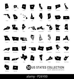 50 US-Staaten. High-Detailed schwarze Silhouette Karten aller 50 Staaten. US-Staaten mit Abkürzungen. Stockfoto