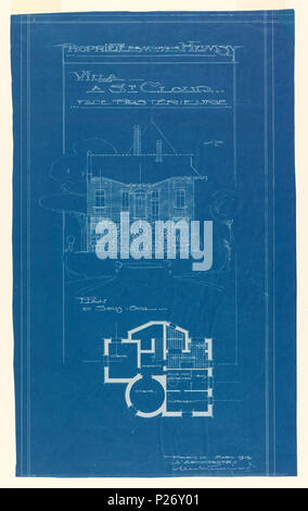 . Englisch: Blueprint, Villa von M. Hemsy, St. Cloud, Gesicht Posterieure, 1913. Englisch: Ein Entwurf, der die Rückseite der Villa von Monsieur Hemsy. In der oberen Hälfte ist eine Zeichnung der Fassade, und Unten ist ein Grundriss. Skala beachten in der Zeichnung. . 1913 32 Blaupause, Villa von M. Hemsy, St. Cloud, Gesicht Posterieure, 1913 (CH) 18384921 Stockfoto