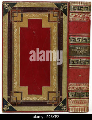 . Band van Rood marokijn met leeropleg in zwart, beige en Citroengeel. Nederlands: Tabletten: Biblia, id est Vetus et Novum Testamentum Malaïce. (Vol. 1). Harlemi, 1824. . 1825; 28 Band van Rood marokijn met leeropleg in zwart, beige en Citroengeel - KONB 12-139 E 1-1 Stockfoto