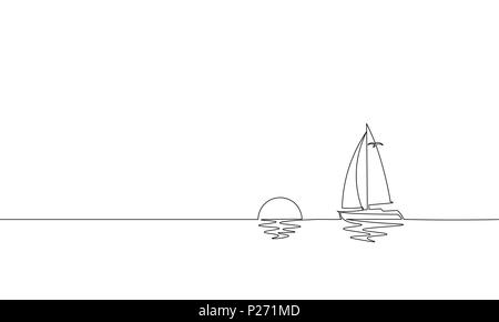 Einzelnen kontinuierlichen eine Zeile Kunst sonnigen Ozean reisen urlaub. Seereise sunrise holiday island Schiff tropischen Yacht Luxus Reise Sonnenuntergang Konzept Design Skizze Maßbild Vector Illustration Stock Vektor