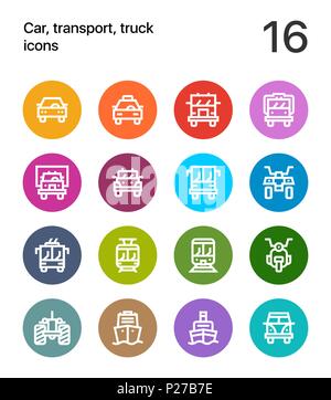 Bunte Auto, Verkehr, Fahrzeug, Lkw, Bahn Vektor flache Linie Symbole für Web und mobile Anwendungen Stock Vektor