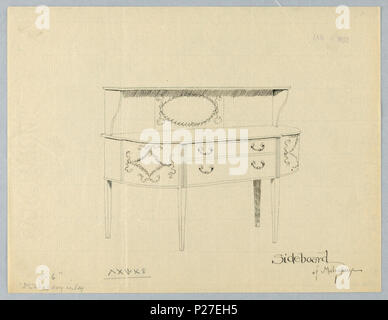 . Englisch: Zeichnen, Design für Mahagoni Sideboard mit neoklassizistischen Motive, 6. Januar 1902. Englisch: Sideboard mit vier geraden tapering Beine (die beiden vorderen mit geriffelten Spitzen) und halbrunden Front-Wohnung im mittleren Teil - mit zwei horizontalen Schubladen mit 'C'-förmige Griffe, neo-klassischen Motiven, die auf Gerundeten vorderen Ecken und in der Mitte rücken; oberen Regal, auf Blättern hob-förmige Voluten. . 6. Januar 1902 102 Zeichnen, Design für Mahagoni Sideboard mit neoklassizistischen Motive, Januar 6, 1902 (CH) 18680579 Stockfoto