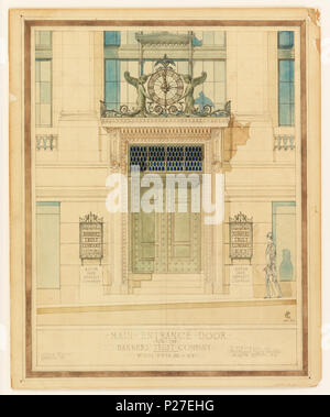 . Englisch: Zeichnen, Design für Haupteingang für die Bankers Trust Company, New York, NY, 1922. Englisch: Erhöhung von Design für Haupteingang der Bank Gebäude. Ein paar der bronzenen Türen durch Gitter Panels überragt, in einem monumentalen Stein Rahmen aus klassischen Motiven und Grenzen eingeschlossen. Ein vorstehendes Gebälk oben mit einer Uhr von zwei geflügelte Figuren unterstützt. Beschriftete, unten Mitte: Haupteingang. Tür-/FÜR. Die. /BANKERS'. Vertrauen. Unternehmen. / Nr. 501 - Fifth Ave - N.Y. In der unteren rechten bezeichnet: C.F. Rosborg. und. /Montague. Flagg. Archts. / Nr. 42 - E. 57Th St. NEW YORK. 1922 Stockfoto