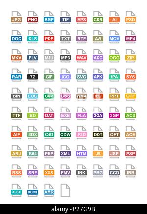 Dateierweiterung flachbild Vector Icons. Archiv-, Vektor-, Audio-, Bild-, System- und Dokumentformate Stock Vektor