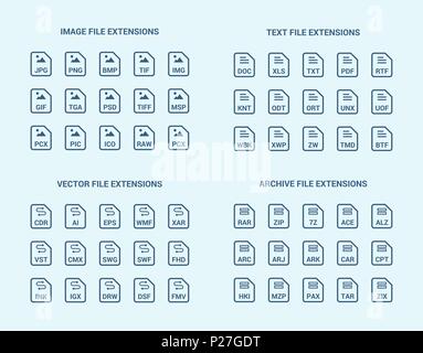 Umrisse Dateierweiterung flachbild Vector Icons. Bild, Text, Archiv, Vektor Dateitypen Format Stock Vektor