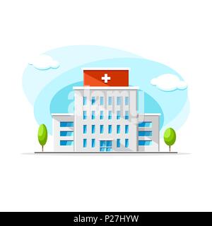 Flache Vektor modernes Krankenhaus Gebäude aus Beton bunten Illustrationen. Stadt haus, wohnung, Wohn- Objekt auf isoliert weißer Hintergrund Stock Vektor