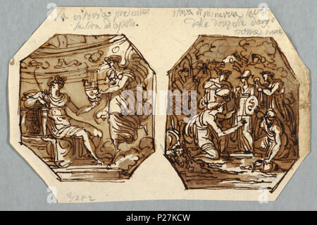 . Englisch: Zeichnung, Geflügelten Sieg gibt Apollo Leier; Statue der Minerva. Vor 1901 (Eingangsdatum) 112 Zeichnung, Geflügelten Sieg gibt Apollo Leier; Statue der Minerva (CH) 18113587 Stockfoto