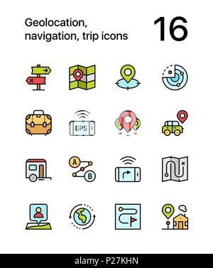 Farbige Geolocation, Navigation, Reise Symbole für Web und mobile Design Pack 2 Stock Vektor