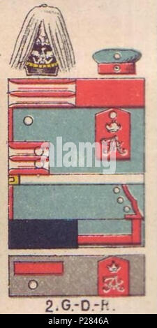 . English: Schematische Farbdarstellung der Uniformen des 2. Garde-Dragoner-regimenter "Kaiserin Alexandra von Rußland". . 1890. Moritz Ruhl (deutscher Lithograph in Leipzig) 122 Farbschema der Einheitlichen, Garde-Dragoner-Regiment Nr.2, Uniformen der deutschen Armee, Ruhl, Tafel 11 Sterben Stockfoto