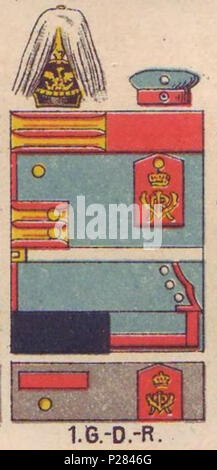 . English: Schematische Farbdarstellung der Uniformen des 1. Garde-Dragoner-regimenter "Königin Viktoria von Großbritannien und Irland". . 1890. Moritz Ruhl (deutscher Lithograph in Leipzig) 122 Farbschema der Einheitlichen, Garde-Dragoner-Regiment Nr.1, Uniformen der deutschen Armee, Ruhl, Tafel 11 Sterben Stockfoto