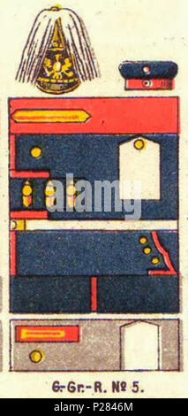 . English: Schematische Farbdarstellung der Uniform des Garde-Grenadier-Regiments Nr. 5. 1890. Moritz Ruhl (deutscher Lithograph in Leipzig) 122 Farbschema der Einheitlichen, Garde-Grenadier-Regiment Nr.5, Uniformen der deutschen Armee, Ruhl, Tafel 5 sterben Stockfoto