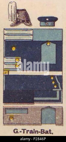 . English: Schematische Farbdarstellung der Uniform der preußischen Garde-Train-Bataillons: Dunkelblauer Waffenrock mit hellblauem Kragen und weißen Litzen; hellblaue schwedische Ärmelaufschläge mit weißen Litzen; hellblaue Schulterstücke, Tschako, bei Parade mit weißem Haarbusch. . 1890. Moritz Ruhl (deutscher Lithograph in Leipzig) 122 Farbschema der Einheitlichen, Garde-Train-Bataillon, Uniformen der deutschen Armee, Ruhl, Tafel 19 Sterben Stockfoto