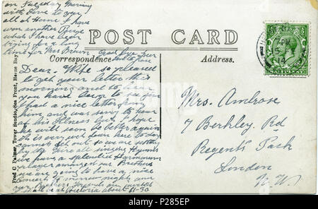 . Rückseite der Postkarte Poststempel vom 15. Februar 1914 mit den Hampton Pier Inn (jetzt das Hampton Inn), Hampton-on-Sea, Herne Bay, Kent, England. Auf der Rückseite, ein Quäker Mann ist das Schreiben von Herne Bay zu seiner Frau in London: Liebe Frau. Wir sind so froh, dass Ihr Schreiben heute morgen zu erhalten und zu hören, sie wurden Jim zu sehen. Ich hatte einen schönen Brief von ihm und wurde leider von seiner Krankheit zu hören, aber ich hoffe, er wird bald wieder besser werden. Es ist sehr nass, die heute hier anwesend sind. Nicht aus, so dass wir am Feuer sitzen und alle singen die Hymne (sic). Wir haben einen herrlichen Harmonium player unter unseren Brüdern. Wir werden h Stockfoto