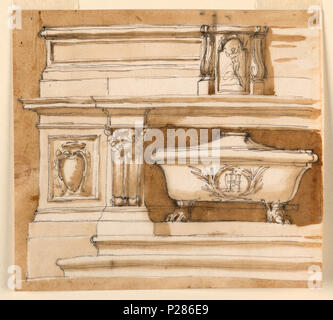 . Englisch: Zeichnung, Altar, N.D. . Englisch: horizontale Rechteck. Auf der linken Seite. Eine Variation der Altar in 1938-88-1373. Die wichtigsten Unterschiede sind: Die sepulchrum hat Wanne Form, mit einer fast hingewiesen, und Lion Füßen wie unterstützt. Es steht auf einem Sockel, in der vollen Breite der Hohl. Ein cherub ist auf der Oberseite des Spiralgehäuse neben. Die Wohnung befindet sich in der Mitte der Möbel, ohne von der seitlichen Teile getrennt werden. Die Formteile der Möbel haben unterschiedliche Proportionen. Die allgemeine Form der Wohnung und die Dekoration ist ähnlich 1938-88-1374, ohne der Cherub. T Stockfoto