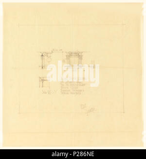 . Englisch: Zeichnung, Deckenbefestigung, Eingangshalle, Henry J. Allen Residence, Wichita, Kansas, 1917. Englisch: Seite horizontal in zwei Registern mit Illustrationen von Beleuchtungskörper unterteilt. Obere Register: Ausschnitt der Vorrichtung, die Lampe auf der linken Seite, Blick auf die Befestigung von Schatten in der Mitte fallen, Detail der Schatten Rahmen auf der rechten Seite. Untere Register: Detailansicht der Fixture Rahmen auf mit Skala nach links. Inschrift auf der rechten Seite. . 1917 99 Zeichnung, Deckenbefestigung, Eingangshalle, Henry J. Allen Residence, Wichita, Kansas, 1917 (CH) 18800287 Stockfoto