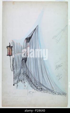 . Englisch: Zeichnung, Kostüme: Nacht Licht, für Ziegfeld Follies 1920, 1920. Englisch: vertikales Format. Figur einer Frau, die in der linken Profil tragen ein hohes erreichte kegelförmigen schwarzen Hut mit Schleier, Ihr vollständig abdeckt und formen einen Zug abgedeckt. Sie hält eine Laterne mit einer langen Kette. Weitere Kopfbedeckung details in Bleistift auf der rechten Seite. . 1920 99 Zeichnung, Kostüme - Nacht Licht, für Ziegfeld Follies von 1920, 1920 (CH) 18472565 Stockfoto