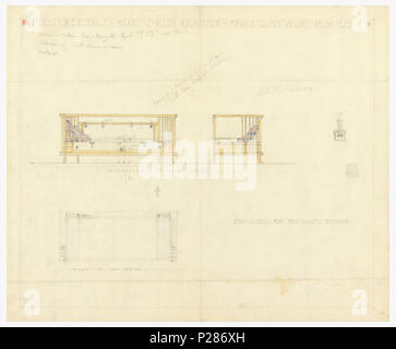 . Englisch: Zeichnung, Tag Couch für Frau Allen's Boudoir, Henry J. Allen Residence, Wichita, Kansas, 1917. Englisch: In der Mitte der Seite, zwei farbige Zeichnungen von Tag Couch, eine auf der rechten Seite wird von der Vorderseite, einer auf der linken Seite ist auf der rechten Seite. Unten rechts, farbige Zeichnung, es ist ein graphit zeichnung der Tag Couch von oben. . 1917 99 Zeichnung, Tag Couch für Frau Allen's Boudoir, Henry J. Allen Residence, Wichita, Kansas, 1917 (CH) 18800323 Stockfoto