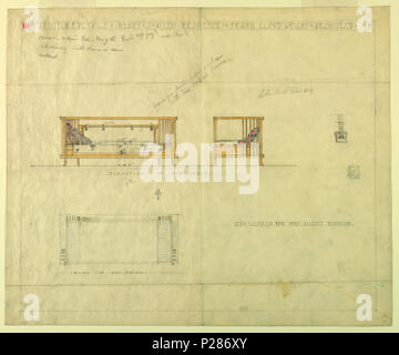 . Englisch: Zeichnung, Tag Couch für Frau Allen's Boudoir, Henry J. Allen Residence, Wichita, Kansas, 1917. Englisch: In der Mitte der Seite, zwei farbige Zeichnungen von Tag Couch, eine auf der rechten Seite wird von der Vorderseite, einer auf der linken Seite ist auf der rechten Seite. Unten rechts, farbige Zeichnung, es ist ein graphit zeichnung der Tag Couch von oben. . 1917 99 Zeichnung, Tag Couch für Frau Allen's Boudoir, Henry J. Allen Residence, Wichita, Kansas, 1917 (CH 18800323-2) Stockfoto