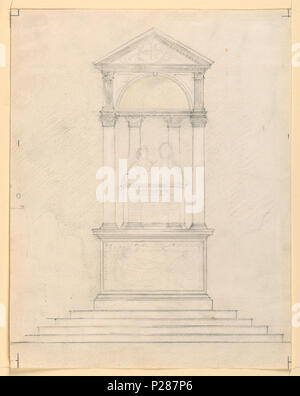 . Englisch: Zeichnen, Design für Cooper Denkmal, Ca. 1900. Englisch: Skizze für Cooper Denkmal. Aedicule, von einem Giebel gekrönt. Vier korinthischen Säulen ruht auf einem Sockel, von denen die vordere mit einer Szene in Relief verziert ist. Vier Schritte, die an der Basis. Regelung aufgegeben für Cooper Monument, aber später für Phillips Brooks Denkmal in Boston. Rückwärts grobe Skizze für ein Denkmal, bestehend aus zwei Abschnitten und einem Pyramidendach, schräg dargestellt. . Ca. 1900 101 Zeichnen, Design für Cooper Denkmal, Ca. 1900 (CH 18343977-2) Stockfoto