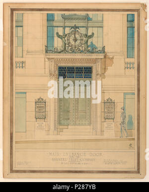 . Englisch: Zeichnen, Design für Haupteingang für die Bankers Trust Company, New York, NY, 1922. Englisch: Erhöhung von Design für Haupteingang der Bank Gebäude. Ein paar der bronzenen Türen durch Gitter Panels überragt, in einem monumentalen Stein Rahmen aus klassischen Motiven und Grenzen eingeschlossen. Ein vorstehendes Gebälk oben mit einer Uhr von zwei geflügelte Figuren unterstützt. Beschriftete, unten Mitte: Haupteingang. Tür-/FÜR. Die. /BANKERS'. Vertrauen. Unternehmen. / Nr. 501 - Fifth Ave - N.Y. In der unteren rechten bezeichnet: C.F. Rosborg. und. /Montague. Flagg. Archts. / Nr. 42 - E. 57Th St. NEW YORK. 1922 Stockfoto