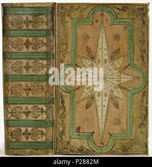 . Band van Leer perkament, oranjerose, Licht grijsbruin en Helder groen beschilderd. Nederlands: Tabletten: [Biblia, dat de ist Schrifture gantsche H.... Dordrecht, 1734]. 12 Mo. (Titelblad bij 1975 diefstal weggescheurd). + Het Nieuwe Testament ... t'Amsterdam, durch H. Burger, I. vander Putte, C. Oterlyk, [e], 1739. 12 Mo+De CL des Propheten Psalmen Davids ... t'Amsterdam, durch H. Burger, J. vander Putte, C. Oterlyk, [e], 1739. 12 Mo. . 1739-1750; 26 Band van Leer perkament, oranjerose, Licht grijsbruin en Helder groen beschilderd - KONB 12-143 G3 Stockfoto