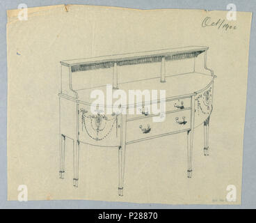 . Englisch: Zeichnen, Design für Sideboard mit neoklassizistischen Ornament, Oktober 1900. Englisch: Länglich Sideboard mit 6 geraden tapering Beine; flache Front hat drei Schubladen, in zwei Reihen angeordnet; neo-klassischen Motiven der patera Medaillons, floralen Girlanden, und band Bänder vorderen Ecken verzieren, erhöhte backsplash und 2 kleine Spalten mit Voluten support Top Shelf. . Oktober 1900 103 Zeichnen, Design für Sideboard mit neoklassizistischen Ornament, Oktober 1900 (CH) 18680611 Stockfoto