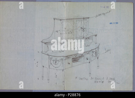 . Englisch: Zeichnen, Design für Sideboard mit Glastür Schrank Über, 25. Oktober 1900. Englisch: Länglich Sideboard mit 6 geraden tapering Beine [5], abgerundeten vorderen Ecken in der neo-klassischen Motiven; flache Front center Nische mit 2 Schubladen und 2 Türen flankiert; geformte Spitze; oben, einem rechteckigen Gehäuse mit 2 Glastüren, unterstützt durch erhöhte backsplash, 6 Spalten auf der Vorderseite und 2 "L"-förmige Voluten. . 25. Oktober 1900 103 Zeichnen, Design für Sideboard mit Glastür Schrank Über, 25. Oktober 1900 (CH) 18680639 Stockfoto