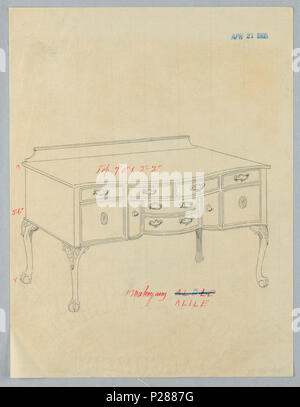 . Englisch: Zeichnen, Design für Sideboard mit zehn Schubladen und Kugel und Klaue Füße, 21. April 1905. Englisch: Länglich Sideboard mit vier cabriole Beine mit Kugel und Klaue Füße mit geschnitzten Akanthus-blätter am Anfang jeder eingerichtet; dreiseitige Front ist Serpentine mit vier konforme Schubladen in der Mitte der Spitze versenkten mittleren Abschnitt mit zwei Schubladen mit einer Tür auf beiden Seiten; flankierende Mittelteil auf beiden Seiten, zwei Türen mit patera Medaillons verziert; niedrige backsplash. . 21. April 1905 103 Zeichnen, Design für Sideboard mit zehn Schubladen und Kugel und Klaue Füße, April 21, 1905 (CH) 18680599 Stockfoto