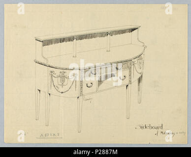 . Englisch: Zeichnen, Design für Sideboard mit Oberboden und dekorativ geschnitzte Streifen, 6. Januar 1902. Englisch: Länglich Sideboard mit abgerundeten vorderen Ecken und neo-klassischen Motiven; 6 gerade spitz Beine [5]; Nische vorn in der Mitte, durch 2 kleine rechteckige Schubladen flankiert und durch große Einzelzimmer mit Intarsien Schublade überstieg; vertikale Streifen von dekorativen Schnitzereien auf beiden Seiten der Nische, erhöhte backsplash, paar Spalten und 2 "L"-förmige Voluten Unterstützung engen oberen Regal. . 6. Januar 1902 103 Zeichnen, Design für Sideboard mit Oberboden und dekorativ geschnitzte Streifen, 6. Januar 1902 (CH 186806 Stockfoto