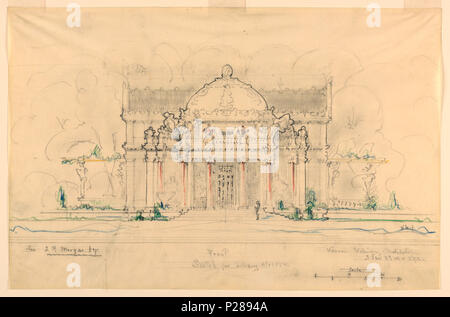 . Englisch: Zeichnung, Frontansicht, J. Pierpont Morgan Library, New York, 1900. Englisch: Ansicht vorne der Erhöhung von einem Kuppelbau mit vier Säulen flankieren einen zentralen Eingang. Maßstab: in Graphit, unten rechts. . 1900 105 Zeichnung, Frontansicht, J. Pierpont Morgan Library, New York, 1900 (CH) 18570329-2 Stockfoto