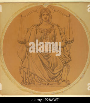 . Englisch: Zeichnung, Studie für "Gerechtigkeit", Lünette in Hudson County Courthouse, Jersey City, NJ, 1910. Englisch: allegorische Darstellung der Gerechtigkeit holding Schalen einer Waage in jeder Hand, ihr Haar ist in korkenzieherlocken zurück durch ein Band statt. Sie ist auf einem Stuhl mit Kugel und Klaue Füßen sitzt, und ihr Fuß ist sichtbar heraus haften unter ihre Vorhänge. . 1910 107 Zeichnung, Studie für "Gerechtigkeit", Lünette in Hudson County Courthouse, Jersey City, NJ, 1910 (CH) 18435299 Stockfoto