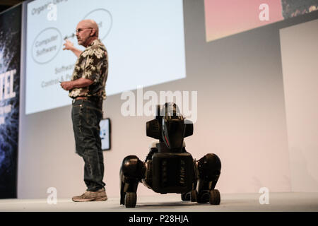 Hannover, Deutschland. 13. Juni, 2018. Marc Reibert, Gründer von Boston Dynamics, präsentierte die SpotMini Roboter auf der CeBIT 2018 in Hannover. SpotMini ist eine Kleine vierbeinige Roboter mit der Fähigkeit zu holen und Objekten über seine 5-Grad-von-Freiheit arm und Wahrnehmung Sensoren verarbeiten. Credit: Laura Chiesa/Pacific Press/Alamy leben Nachrichten Stockfoto