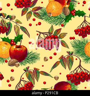 Winter nahtlose Muster mit Rowan und Zweige, Beeren und Kegel. Vector Illustration. Handgezeichneten stilisierte Abbildung Stock Vektor