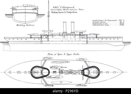 . Diagramme, richtige Höhe, mittschiffsbereich Rumpf und Deck Plan der Britischen Schlachtschiff HMS Collingwood. 1888. Brassey's 149 HMS Collingwood Diagramm Brasseys 1888 Stockfoto