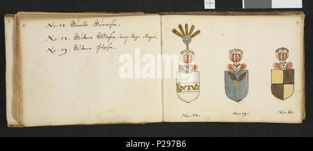 Insignia quaedam virorum illustrium in Norvegia quodam habitantium Illustrasjon hentet Fra et privatarkiv ich Nasjonalbiblioteket med tittelen" Insignia quaedam virorum illustrium in Norvegia quodam habitantium 'av Iver Nielssøn Hirtzholm. 156 Insignia quaedam virorum illustrium in Norvegia quodam habitantium-no-nb digimanus 64722-45 Stockfoto