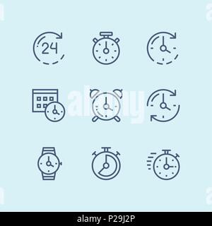 Set Blau von Zeit, Uhr, Uhr, Timer Vektor einfache umreiß Symbole für Web und mobile Design Pack 1 Stock Vektor