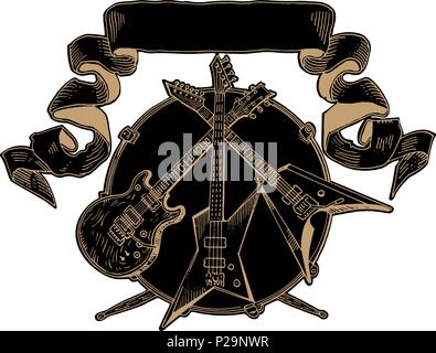 Heavy Metal Wappen. E-Gitarre, Bass, Schlagzeug Leitung Kunst auf Schwarz. Hand gezeichnet Gravur stil Vector Illustration. Rock Musik, Konzert, Festival Banner, t shirt Drucken, Band logo Vorlage. Stock Vektor