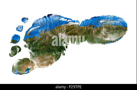 Echten Impressum von Kind Fuß mit einer Welt Karte von Russland - auf weißem Hintergrund Stockfoto