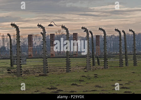 Elektrischen Zaun Linie in den Ruinen von Auschwitz-Birkenau mit Schlote im Hintergrund. Stockfoto