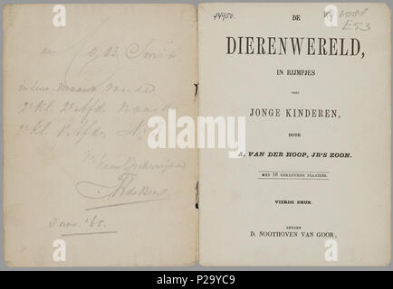 . De dierenwereld, in rijmpjes voor jonge Kinderen/Tür A. van der Hoop, Jr's Zoon. Elk van de 8 Bladen bevat Twee gravures (?) van dieren, met daarnaast rijmende Teksten, sterben weinig Informatie geven über de dieren, Maar vooral voor Kinderen en waarschuwingen vermindern. Er zijn tevens vijf Korte verhalen in proza über deugdzame en minder deugdzame kinderen Opgenomen. Bevat: De Asel; De zebra; De arme Jacobus; De Beer; De; De; pruiloor ijsbeer De Panter; De Koninklijke tijger; De Reiger; De Vos; De katten; De apen; De Hyäne; De; Het weldadige luipaard Art; De Arend; De; Het edelmoedi marmotjes Stockfoto